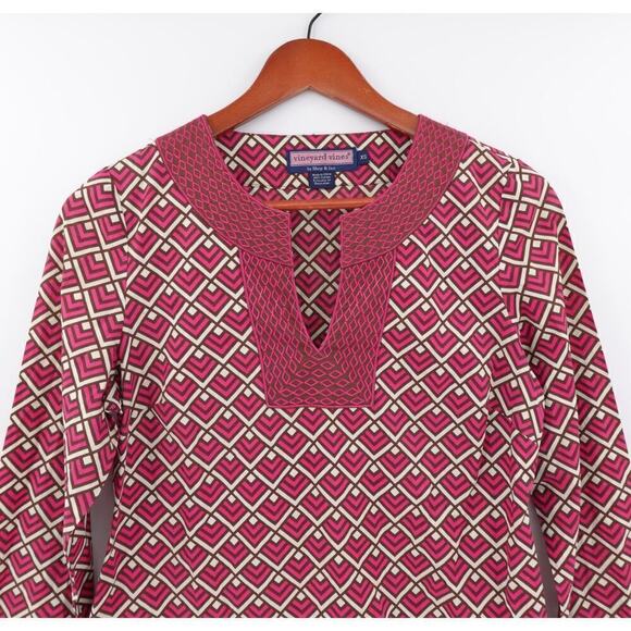 Vineyard Vines Peasant Top Womens XS Pink Geo Print Tunic Embroidered Mod 70s - Picture 3 of 15